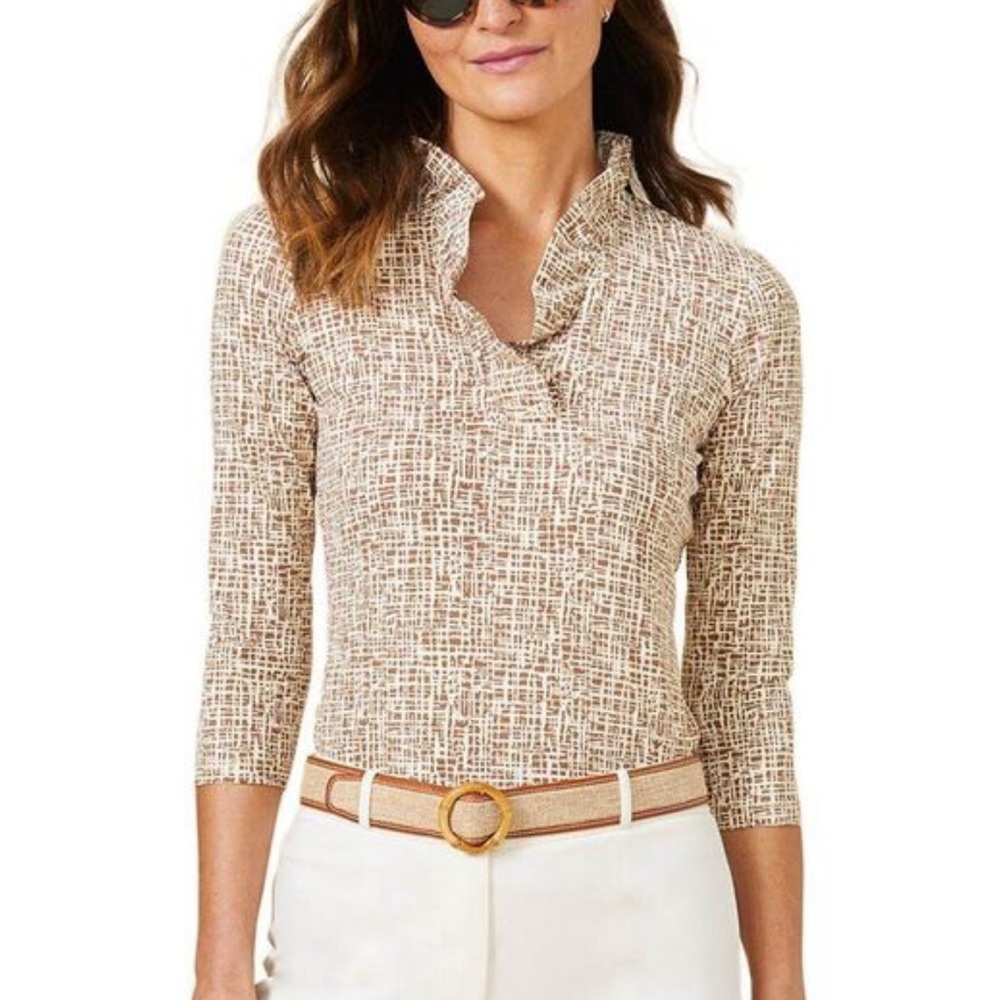 J. McLaughlin Beige Patterned Durham Ruffle-Neck Top